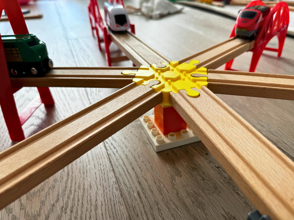 6-Way Wooden Train Track Crossing: Compatible with Duplo & BRIO/HAPE/IKEA