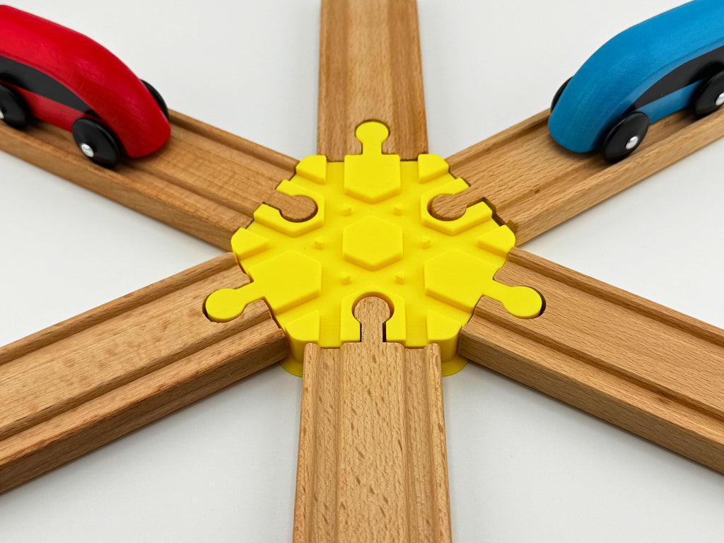 6-Way Wooden Train Track Crossing: Compatible with Duplo & BRIO/HAPE/IKEA